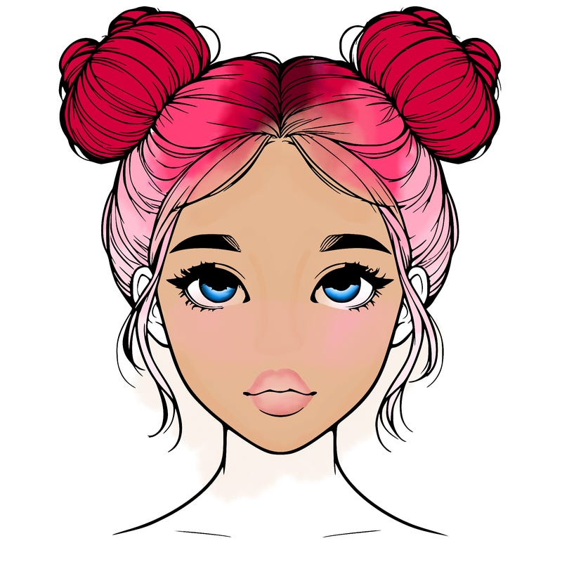 realistic girl with two buns on top of her head