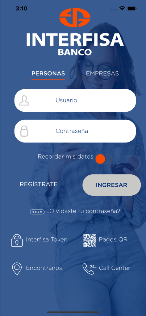 Login screen of the Interfisa Banco mobile app with options for individual and business users