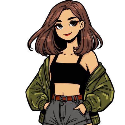 a realistic girl with a crop top and short shorts in an open jacket
