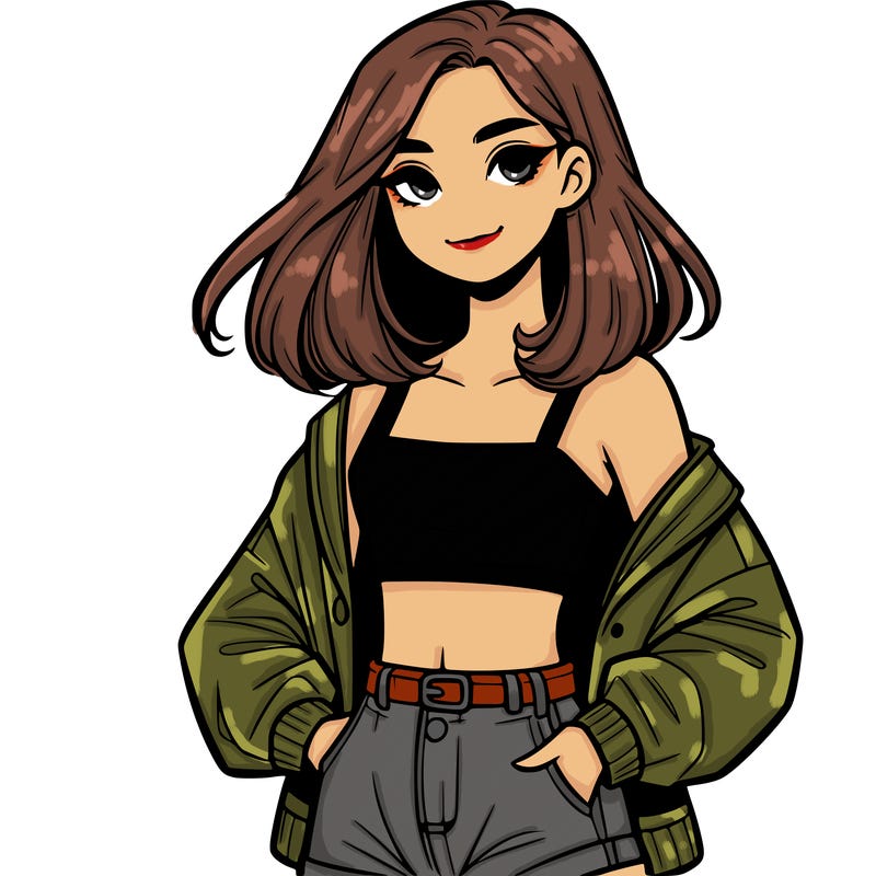 a realistic girl with a crop top and short shorts in an open jacket