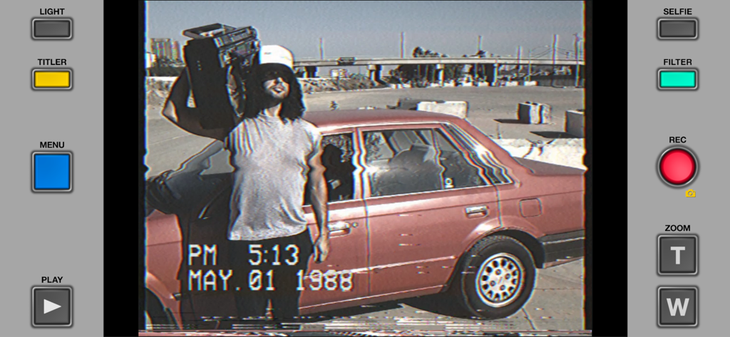 Rarevision VHS app interface showing a retro video of a person with a boombox and a vintage car with an 1980s date stamp and glitch effects