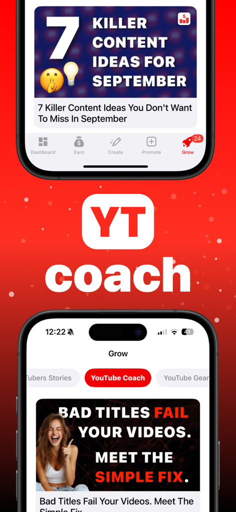 Interface of the Creatipi app showing the YouTube Coach feature with content ideas and video title tips