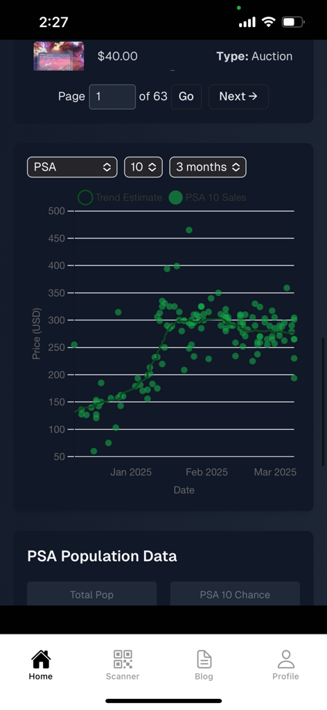 Market insights screen showing a historical price chart and sales data for graded trading cards