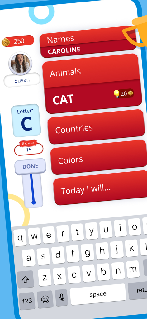 Gameplay of Stop 2 trivia game showing word categories for the letter C
