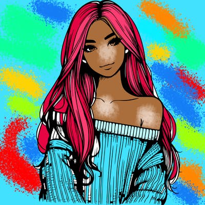 realistic girl with long hair wearing an off the shoulder sweater