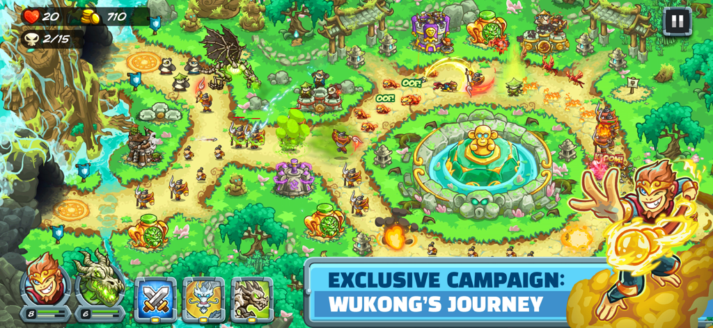 Kingdom Rush 5: Alliance TD - Jugabilidad de Kingdom Rush 5 Alliance TD mostrando la campaña Wukongs Journey con el héroe Sun Wukong y torres.