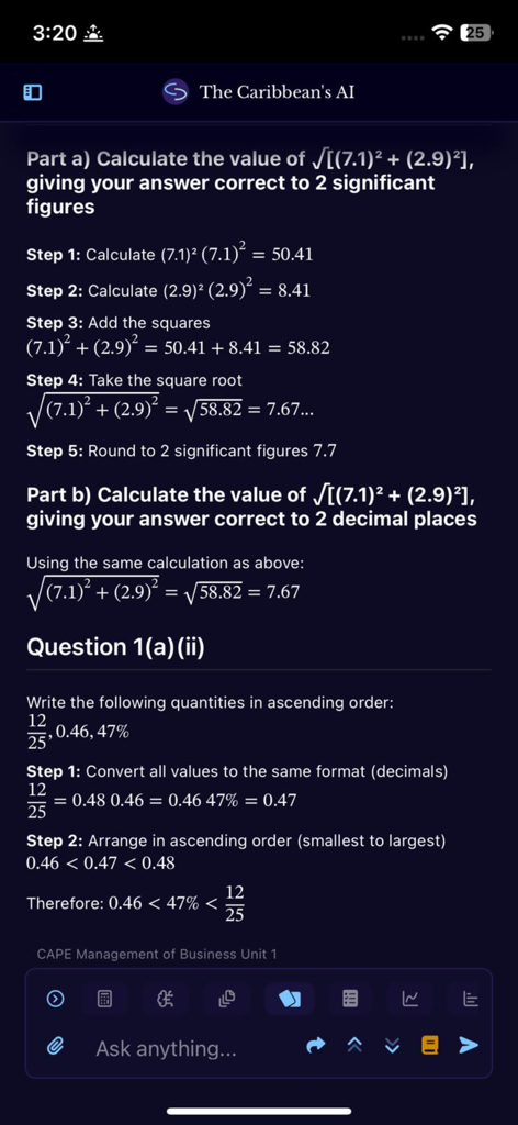 The Caribbean's AI - Una captura de pantalla de la aplicación La IA del Caribe que muestra soluciones matemáticas paso a paso para estudiantes de CSEC y CAPE.