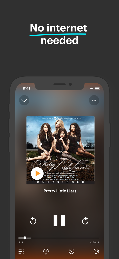 Bookmate app interface showing an audiobook player for Pretty Little Liars with a caption stating no internet needed for offline listening