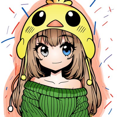 anime girl with chick shaped hat with sweater with bare shoulders with bangs covering them one eye with low tail