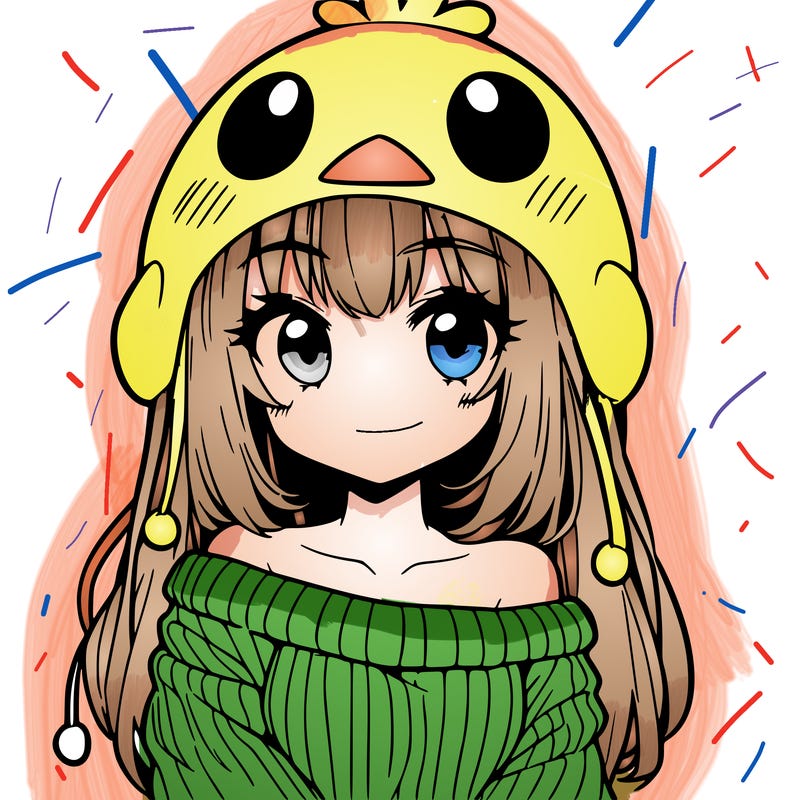 anime girl with chick shaped hat with sweater with bare shoulders with bangs covering them one eye with low tail