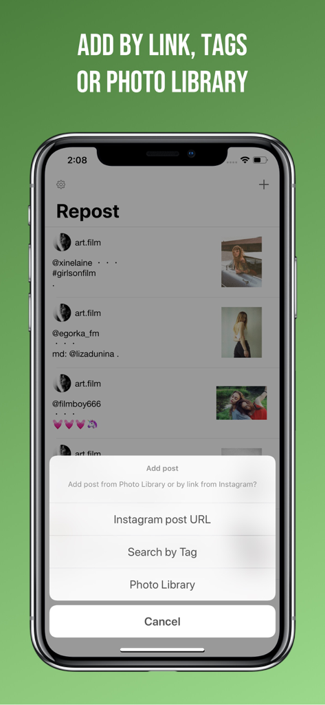Interfaccia di Easy Repost per Instagram che mostra un menu con opzioni per aggiungere post tramite URL, ricerca per tag o libreria fotografica.