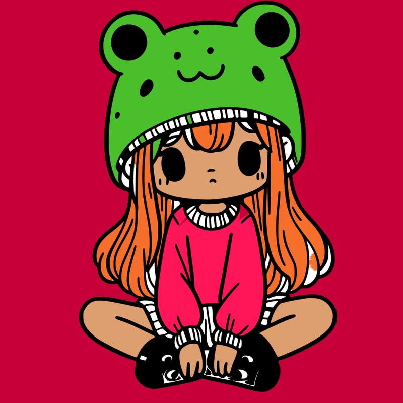 a girl wearing a frog hat and some frog socks