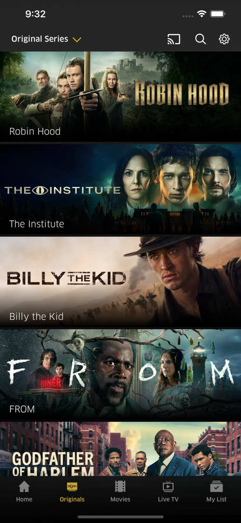 MGM plus app interface showing a list of original series including Billy the Kid and Godfather of Harlem