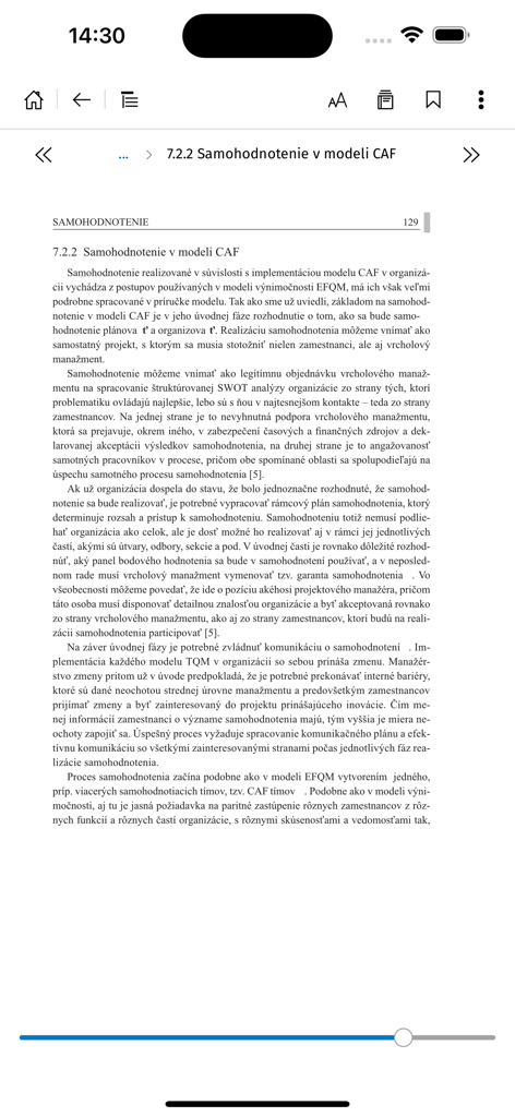 Smarteca SK mobile app interface showing a professional text document with reading and navigation tools