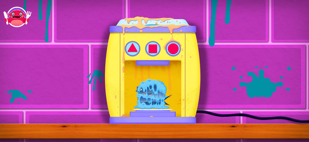 Ein gelbes Cartoon-Küchengerät kocht eine blaue, klebrige Substanz in einem Kochspiel für Kinder