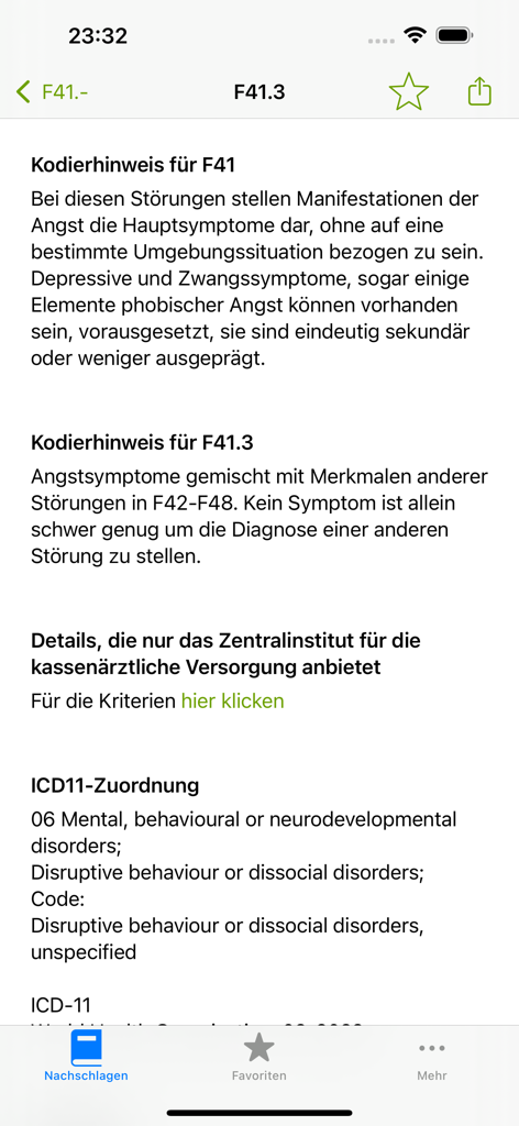 Medical app screen showing ICD 10 coding hints and ICD 11 mapping for diagnosis code F41.3