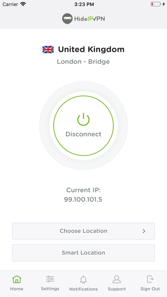 HideIPVPN app screen showing a successful VPN connection to a London server in the United Kingdom.