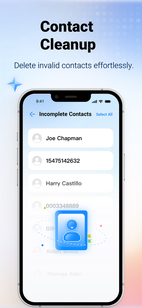 Space Saver-Phone Cleanup - iPhone screen showing the Space Saver app contact cleanup feature for deleting incomplete contacts