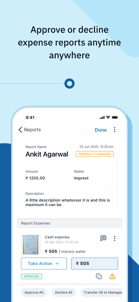 Happay Expense - Mobile interface of Happay Expense showing an administrator reviewing a pending expense report for approval