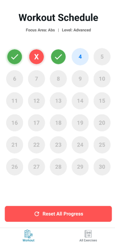 30 day Workout - Workout30 - A 30 day workout schedule for advanced abdominal exercises with daily progress tracking in the Workout30 app