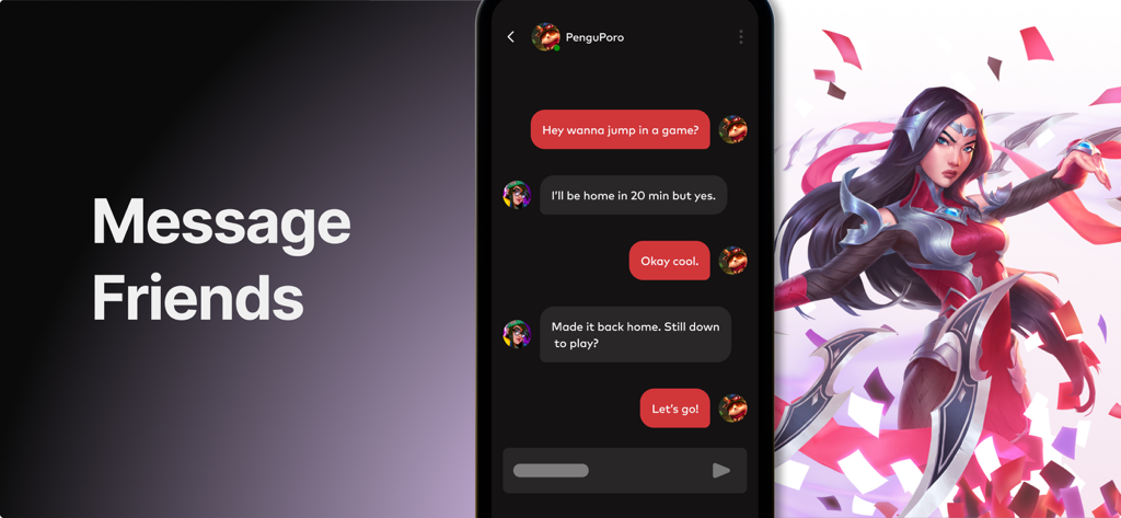 Riot Mobile App-Chat-Interface, in dem zwei Spieler eine Spielesitzung organisieren