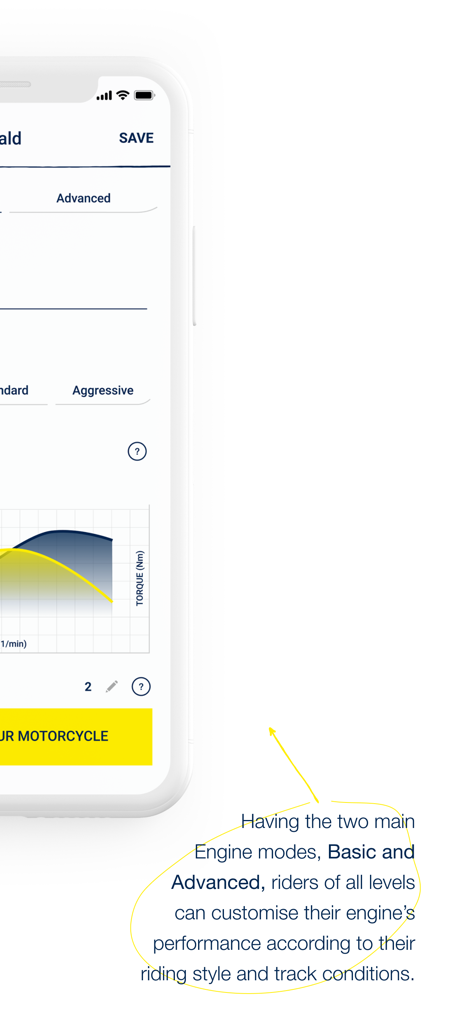 Oberfläche der Ride Husqvarna Motorcycles App, die erweiterte Motortuning-Einstellungen und eine Drehmomentkurve anzeigt
