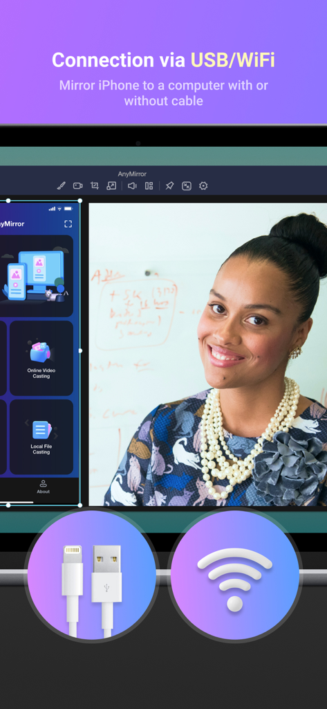 AnyMirror: Mirror Screen to PC - Interfaz de AnyMirror mostrando opciones de conexión de duplicado de pantalla vía USB y Wi-Fi