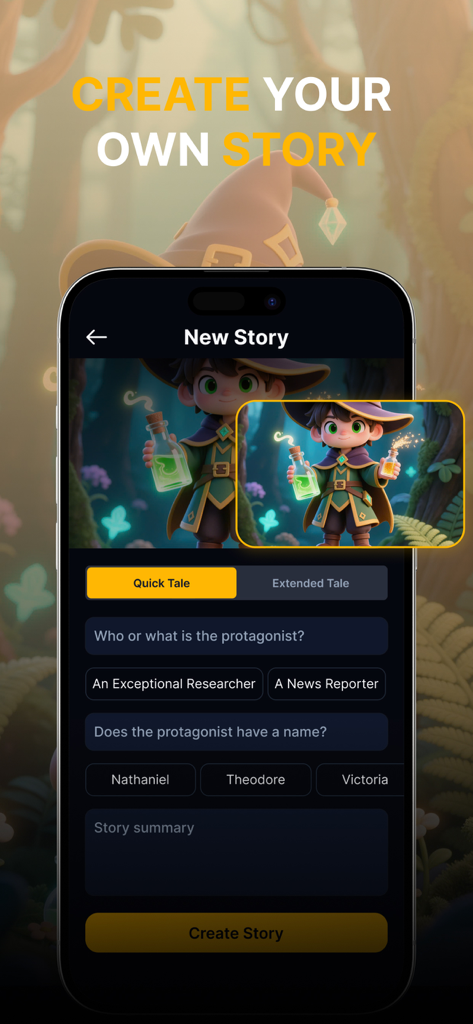 AI Story Generator - Story AI - AI Story Generator app interface showing options to customize a protagonist and create a new story.