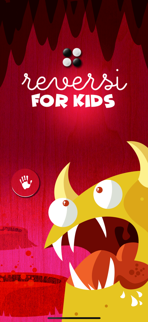 Reversi for Kids - Pantalla principal de la aplicación Reversi para Niños con un gran monstruo amarillo y texto estilizado del título