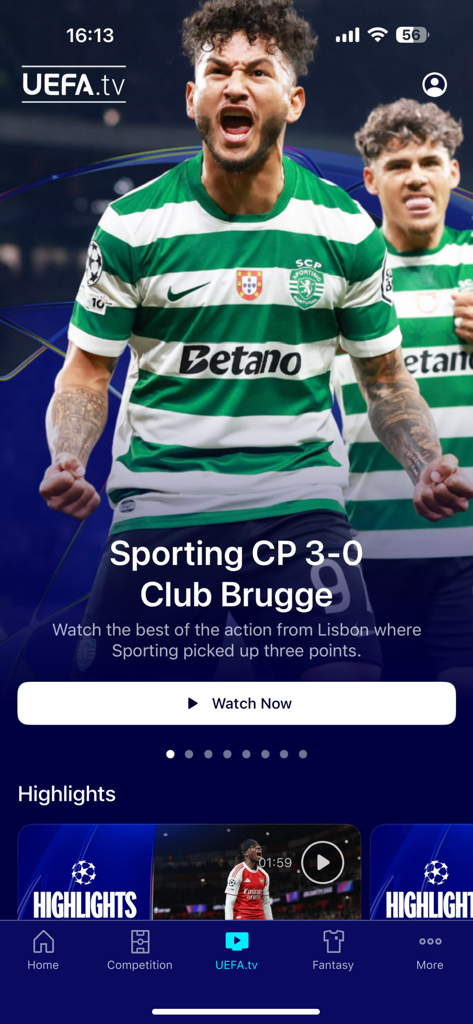 UEFA Champions League app screen featuring UEFA.tv match highlights of Sporting CP versus Club Brugge