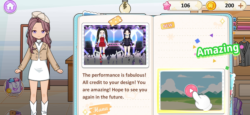 Kawaii Paper Doll Dressup Game - Una interfaz de álbum de recortes en Kawaii Paper Doll Dressup Game que muestra el diseño de un personaje y una foto de actuación de moda