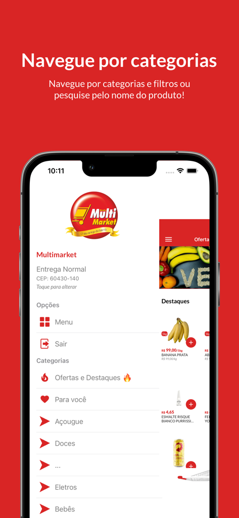MultiMarket - MultiMarket app screen showing a product category sidebar menu in Portuguese for grocery shopping.