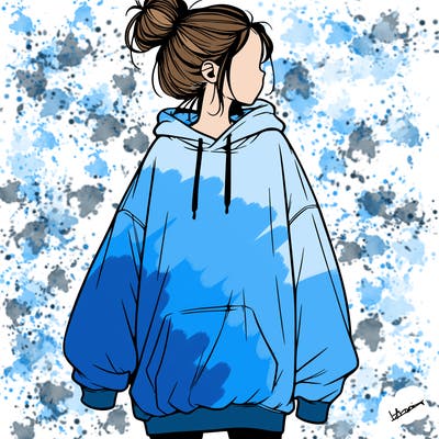 realistic girl with a oversized sweatshirt on and a bun