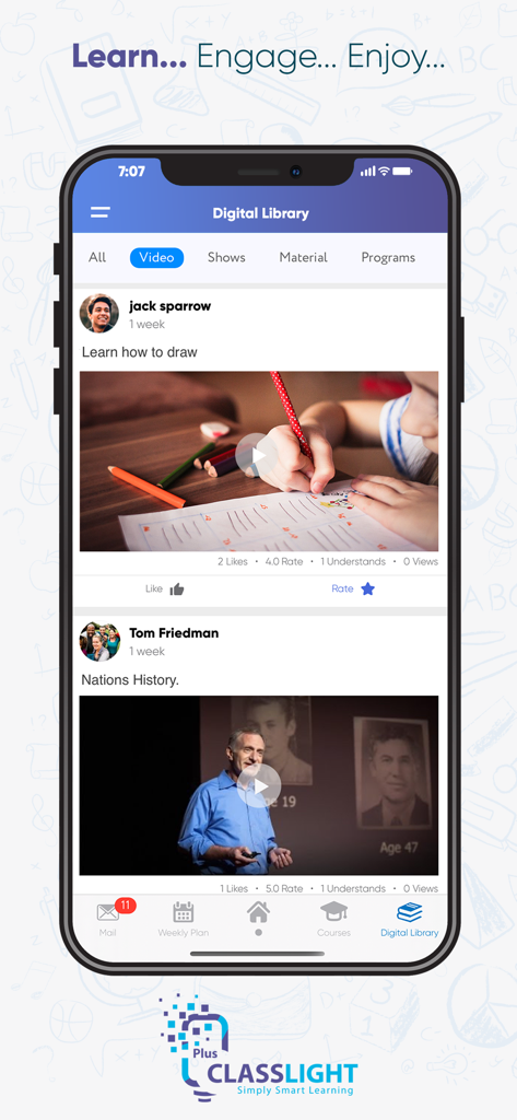 Classlight - Classlight app interface showing a digital library with educational video lessons and courses