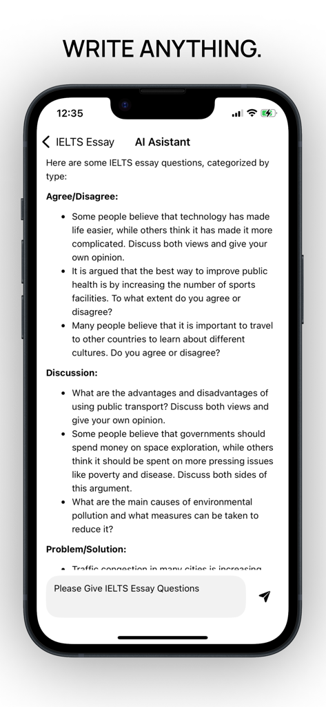 유형별로 분류된 다양한 쓰기 주제를 표시하는 IELTS 에세이 앱 AI 어시스턴트 인터페이스