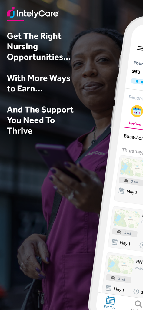 IntelyCare - Nursing Jobs - A healthcare professional using the IntelyCare app to browse available nursing shifts on her smartphone.