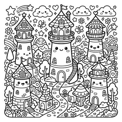 Dive into a charming scene filled with cute kawaii observation towers, each sporting a friendly smile. This delightful coloring page offers a whimsical landscape adorned with adorable details for hours of creative fun.