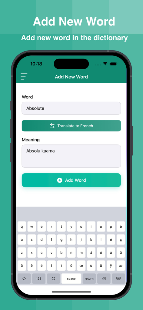 French Dictionary Offline Pre - Interface móvel do aplicativo Dicionário Francês mostrando a tela para adicionar uma palavra personalizada e seu significado
