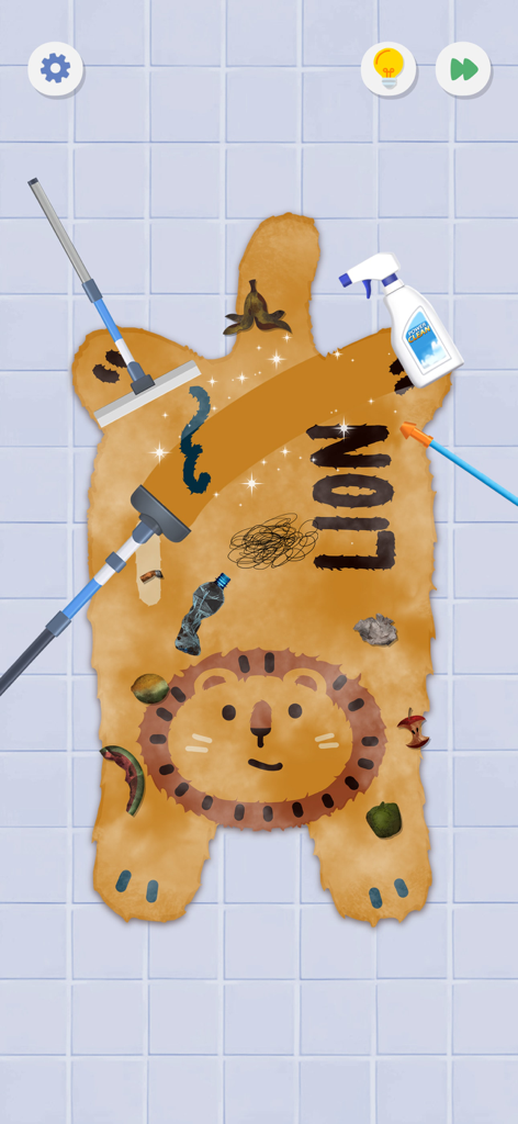 SatisPuzzle: Perfect Tidy - Um nível de limpeza em SatisPuzzle onde um tapete sujo em formato de leão está sendo esfregado com várias ferramentas de limpeza