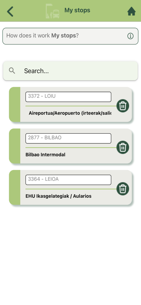 Bizkaibus - Bizkaibus app interface showing a list of favorited bus stops in the My stops section