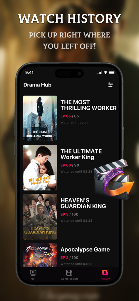 Drama Hub:Video Player - Captura de pantalla de la aplicación móvil que muestra el historial de visualización de dramas cortos con indicadores de progreso de episodios.