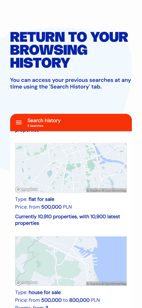 Gratka - Search history screen in the Gratka real estate app featuring saved property searches and maps.