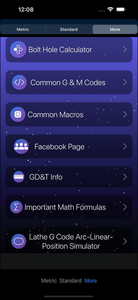 A menu of the Machinist Pocket Pal app showing a list of machining resources including bolt hole calculator, G and M codes, and math formulas