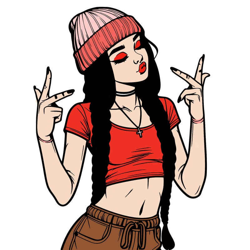 realistic teenage girl with braids and a beanie and crop top doing 🫶🏼