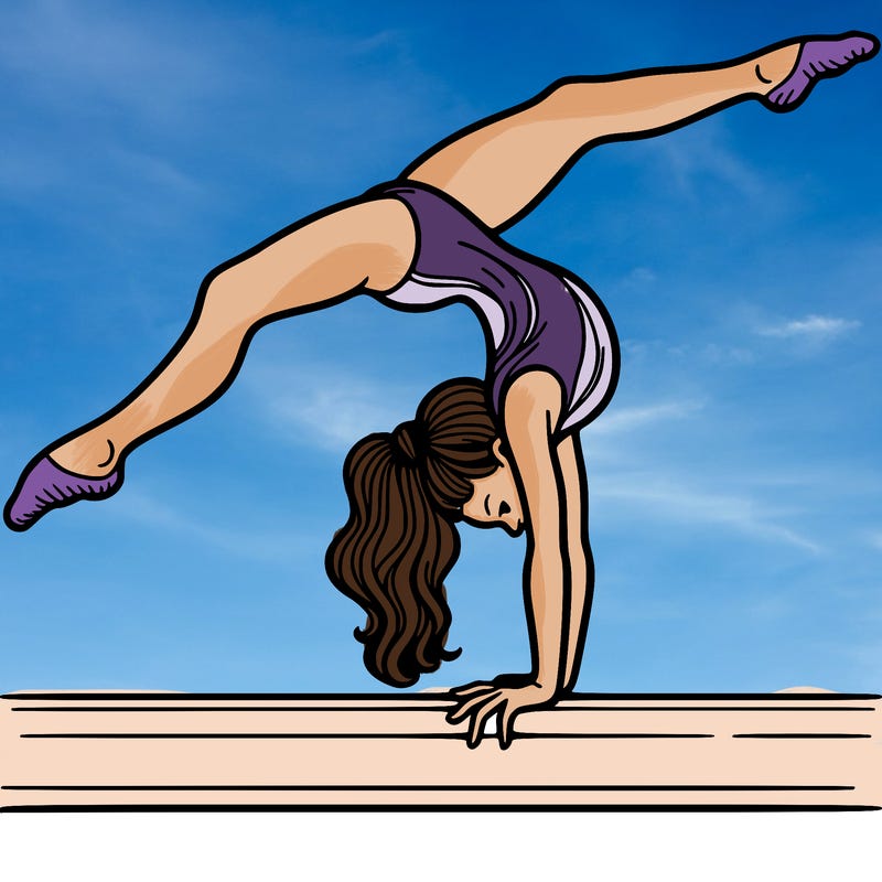 gymnast doing split handstand on a beam