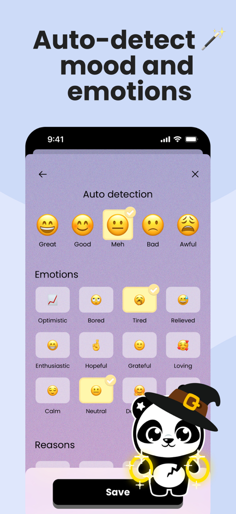 Earkick - Self Care AI Coach - The Earkick app interface displaying mood and emotion selection buttons with emoji icons and an AI panda mascot