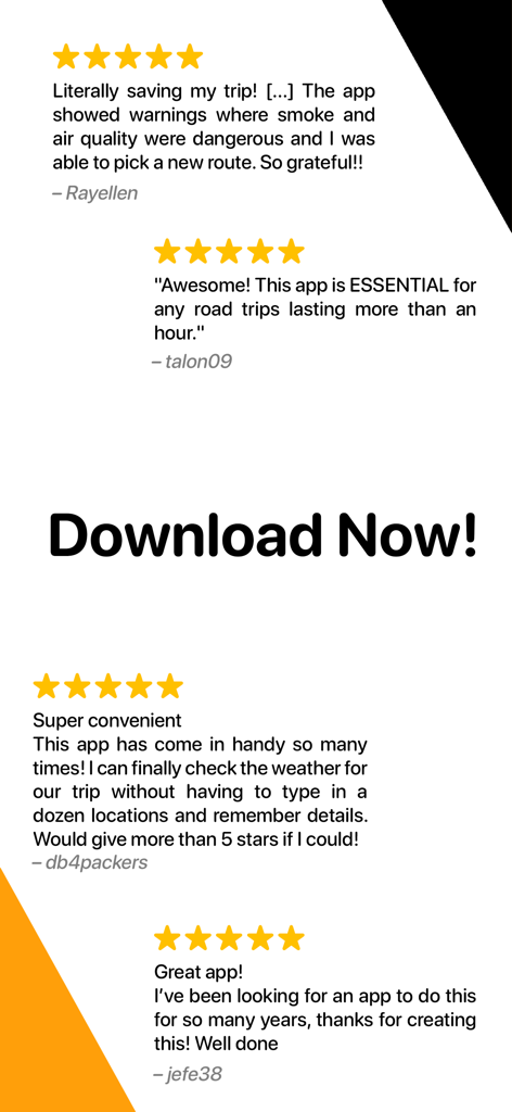 Weather on the Way - Reseñas positivas de usuarios y calificaciones de cinco estrellas para la aplicación de viajes por carretera El Tiempo en el Camino.