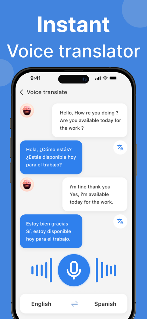 Translator - Voice & Camera - Interfaz de traducción de voz en tiempo real que muestra una conversación de inglés a español en burbujas de chat.