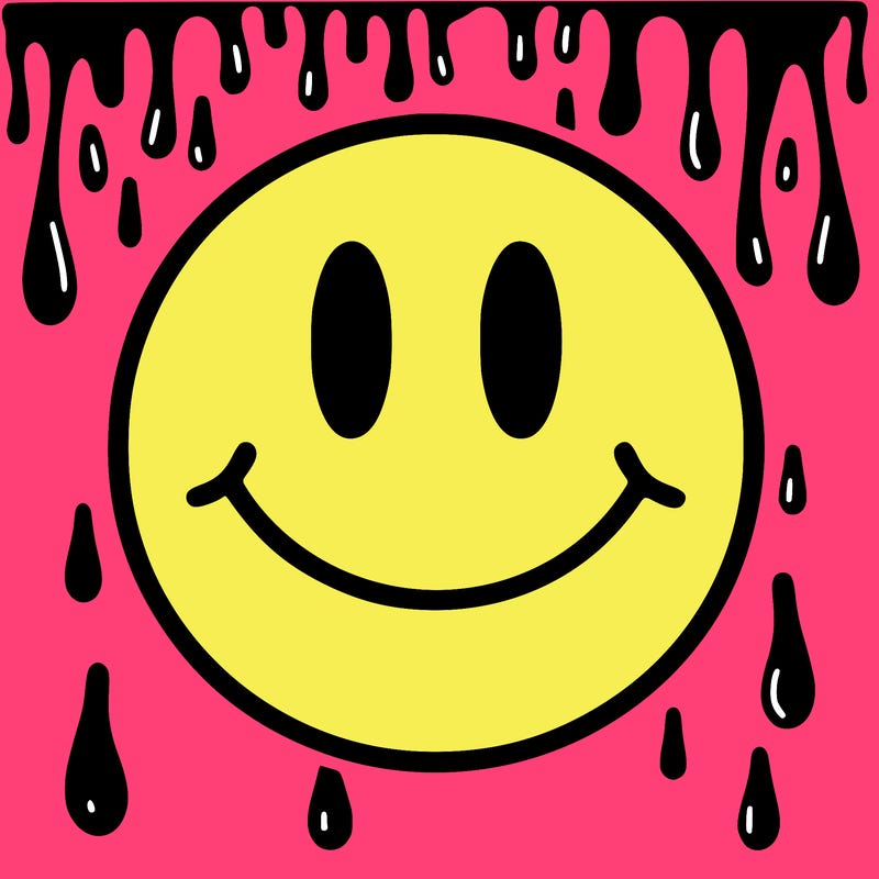 smiley face with drippy black and white background