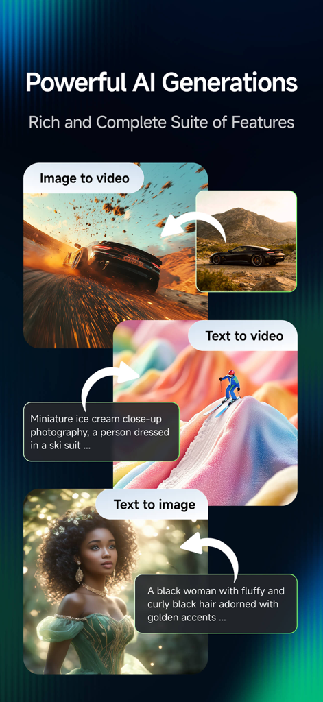 Screenshot der Kling AI App, der die Generierungsfähigkeiten von Bild zu Video, Text zu Video und Text zu Bild zeigt.